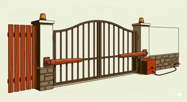 Automatic dual swing driveway gate opening at residential property entrance with two gate panels and electric gate operator system