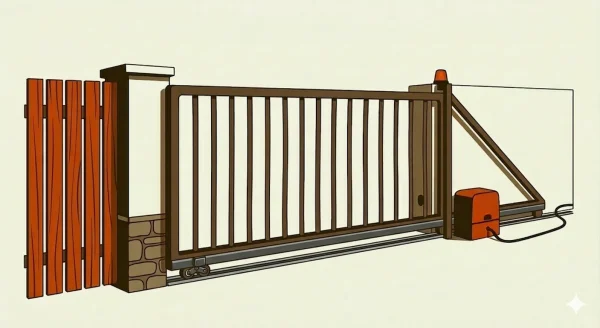 Automatic sliding driveway gate system moving sideways along fence with electric operator