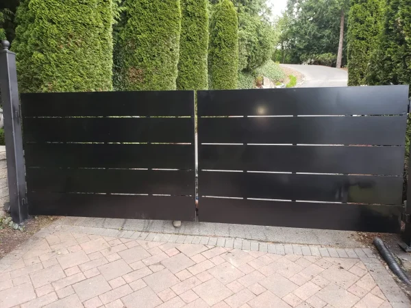 Modern aluminum metal gate with horizontal slats and powder coated finish