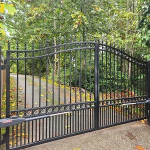 Black powder coated swing wrought iron gate with spear top pickets